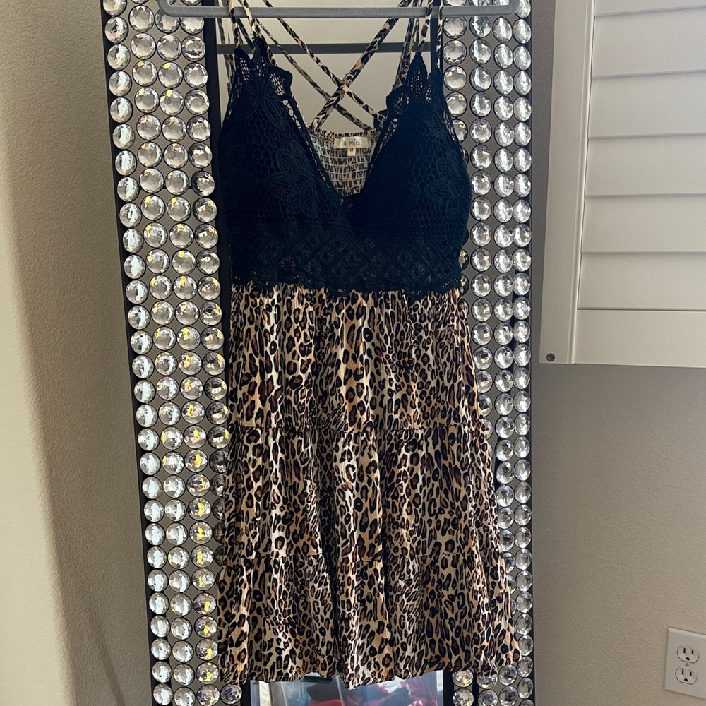 LA MIEL Black Lace and Leopard Print Top